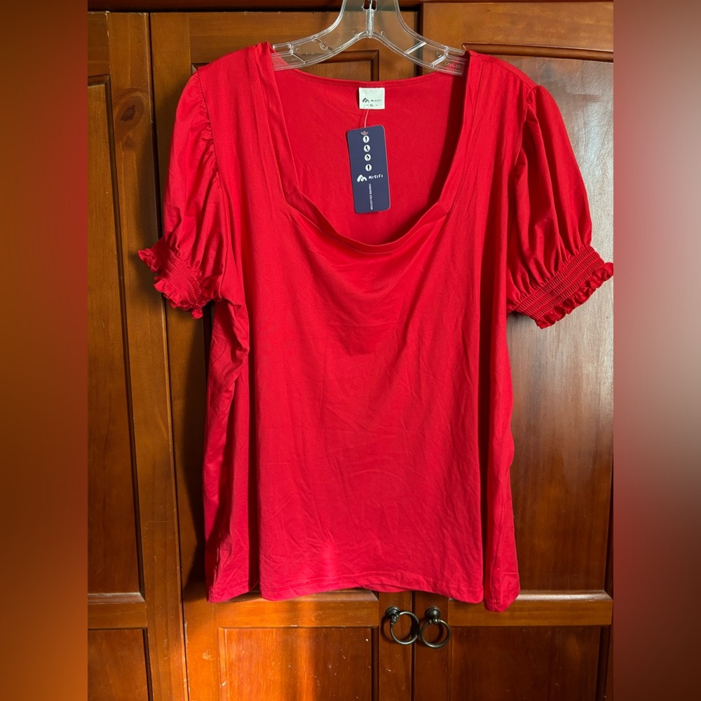 Misifi Chic Red‎ Blouse with Puff Sleeves Tee #1456
